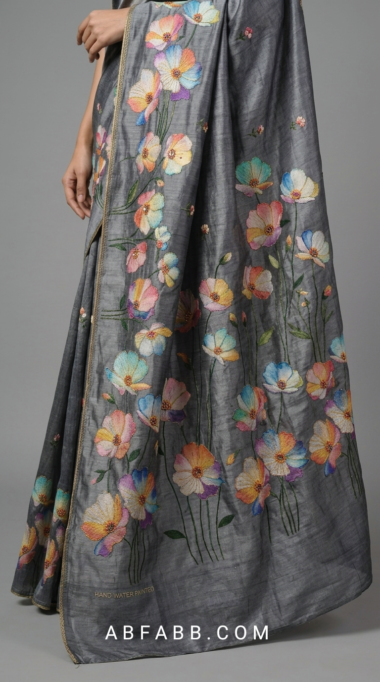 Charcoal Grey Hand-Painted Floral Pure Tussar Silk Saree with Kantha Stitch