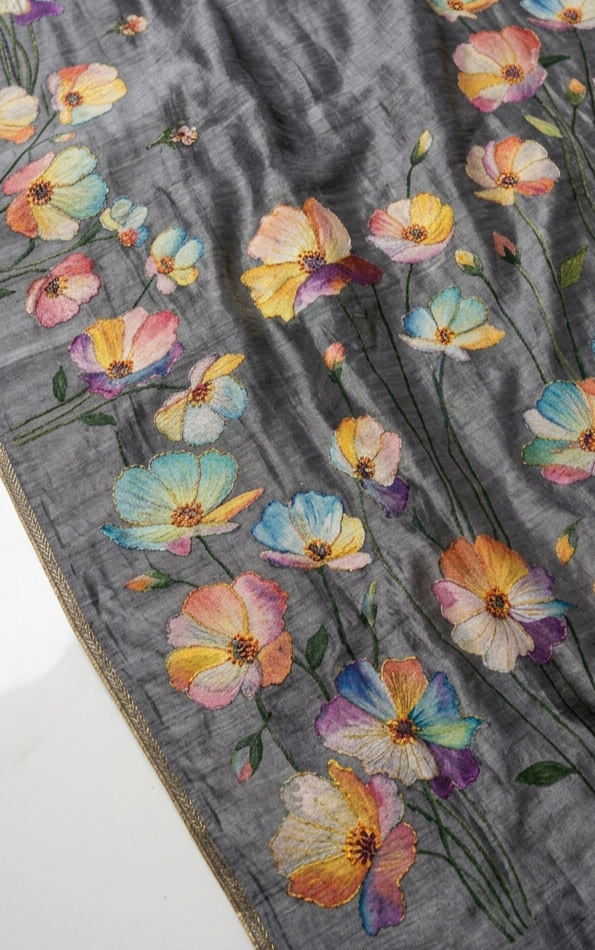 Charcoal Grey Hand-Painted Floral Pure Tussar Silk Saree with Kantha Stitch