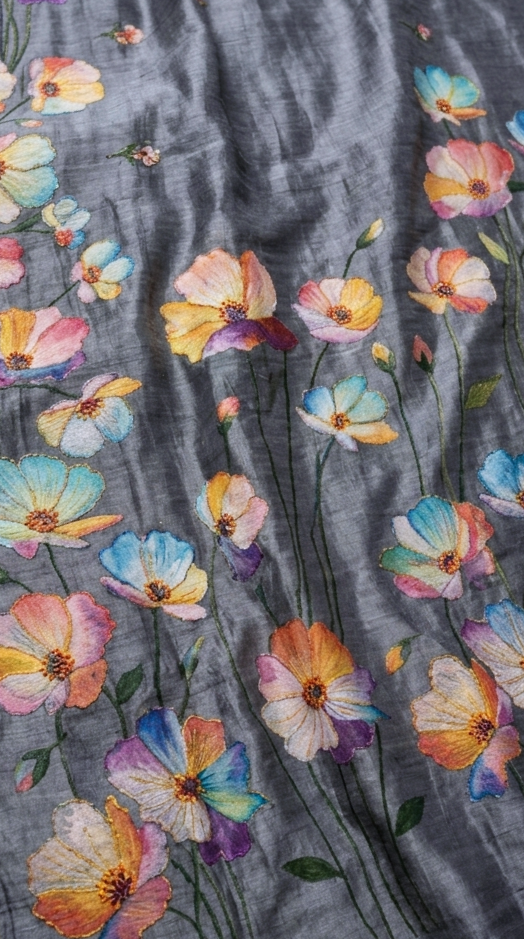 Charcoal Grey Hand-Painted Floral Pure Tussar Silk Saree with Kantha Stitch