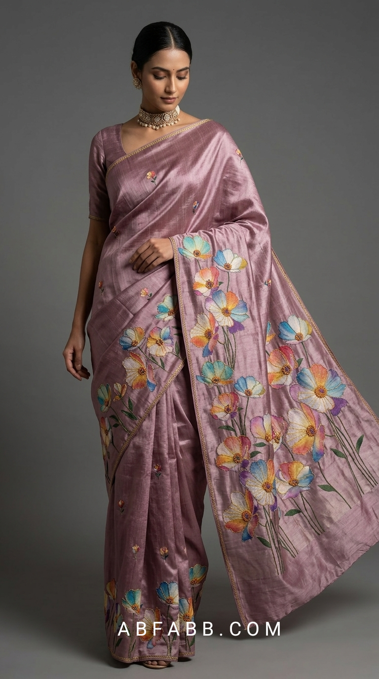 Mauve Hand-Painted Floral Pure Tussar Silk Saree with Kantha Stitch