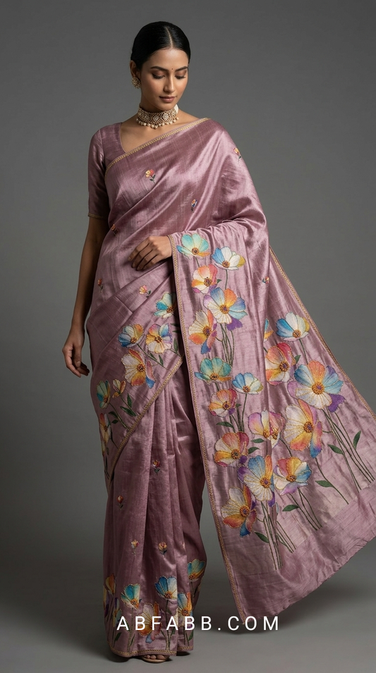 Mauve Hand-Painted Floral Pure Tussar Silk Saree with Kantha Stitch