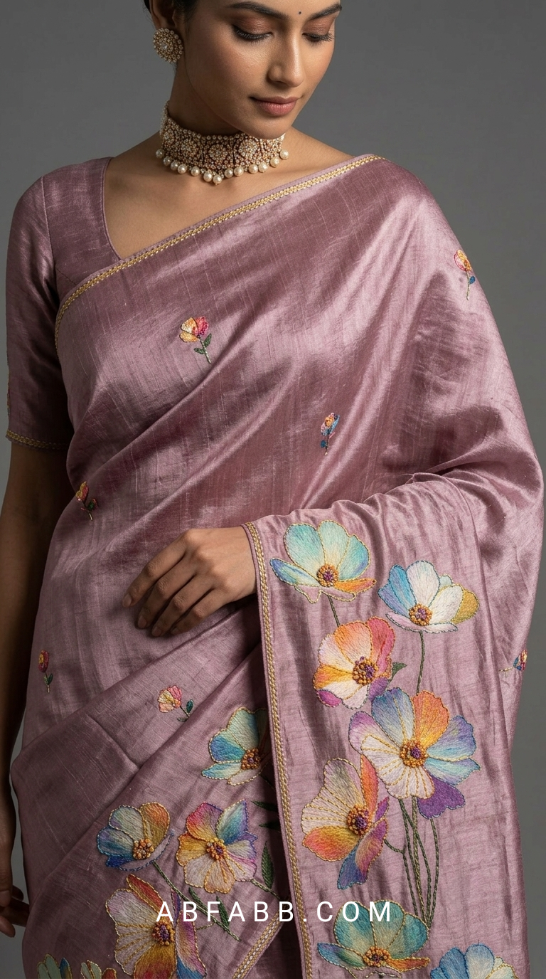 Mauve Hand-Painted Floral Pure Tussar Silk Saree with Kantha Stitch