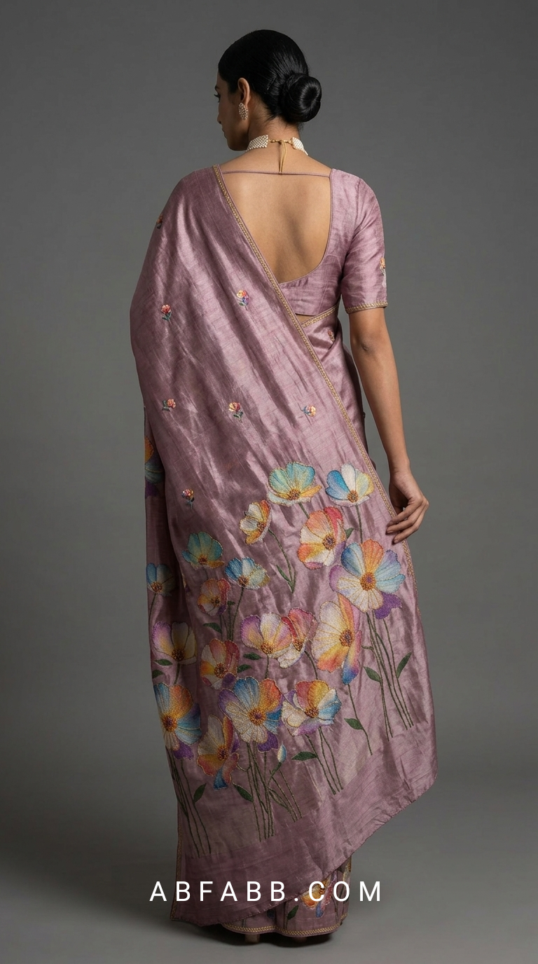 Mauve Hand-Painted Floral Pure Tussar Silk Saree with Kantha Stitch