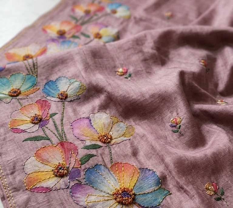 Mauve Hand-Painted Floral Pure Tussar Silk Saree with Kantha Stitch