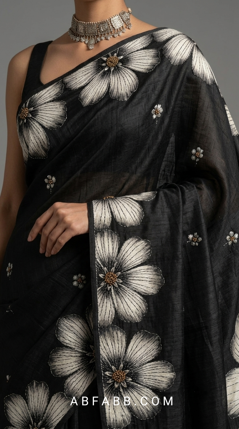 Black Hand-Painted Floral Pure Tussar Silk Saree with Kantha Stitch (Copy)