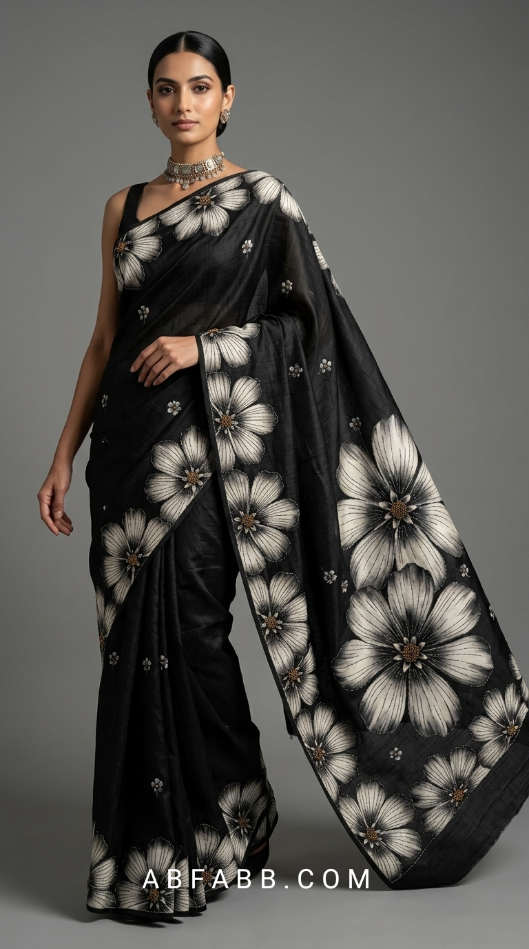 Black Hand-Painted Floral Pure Tussar Silk Saree with Kantha Stitch (Copy)
