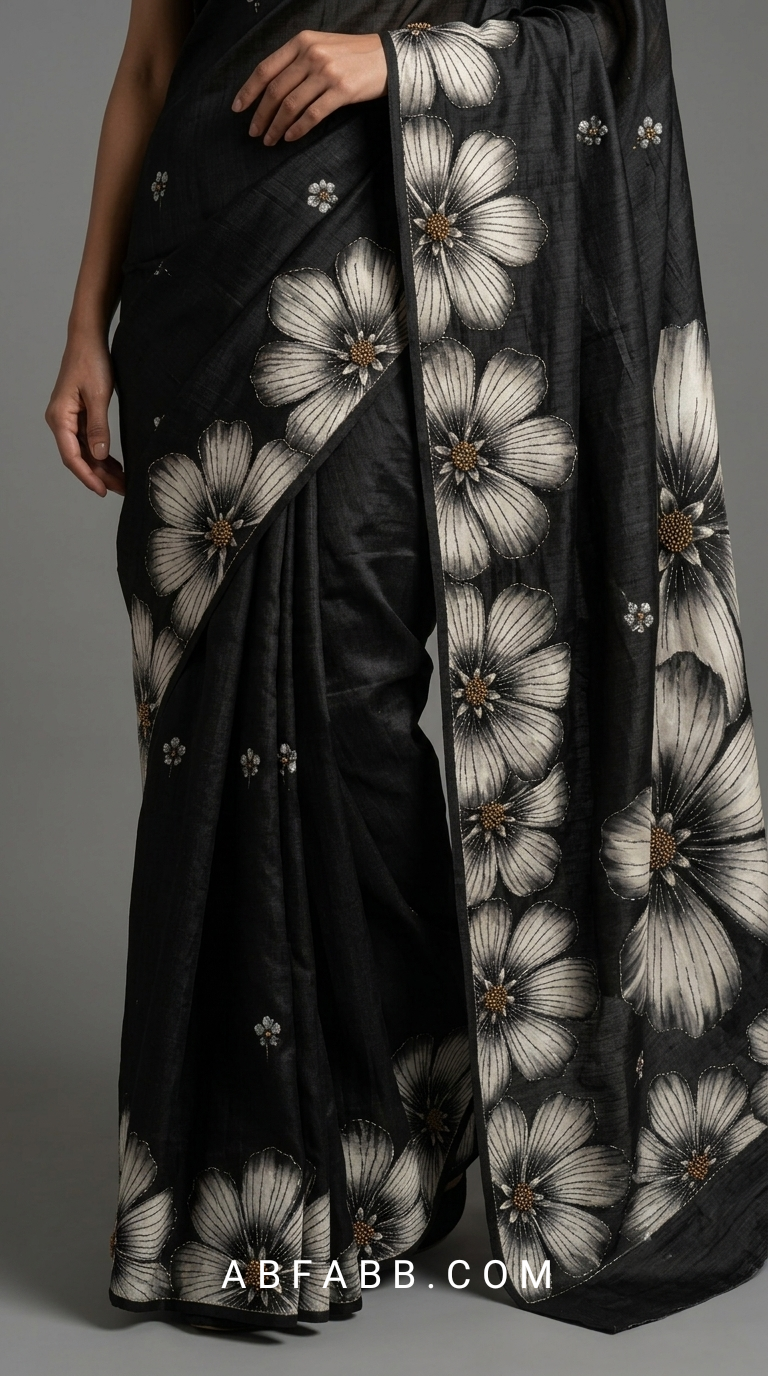 Black Hand-Painted Floral Pure Tussar Silk Saree with Kantha Stitch (Copy)
