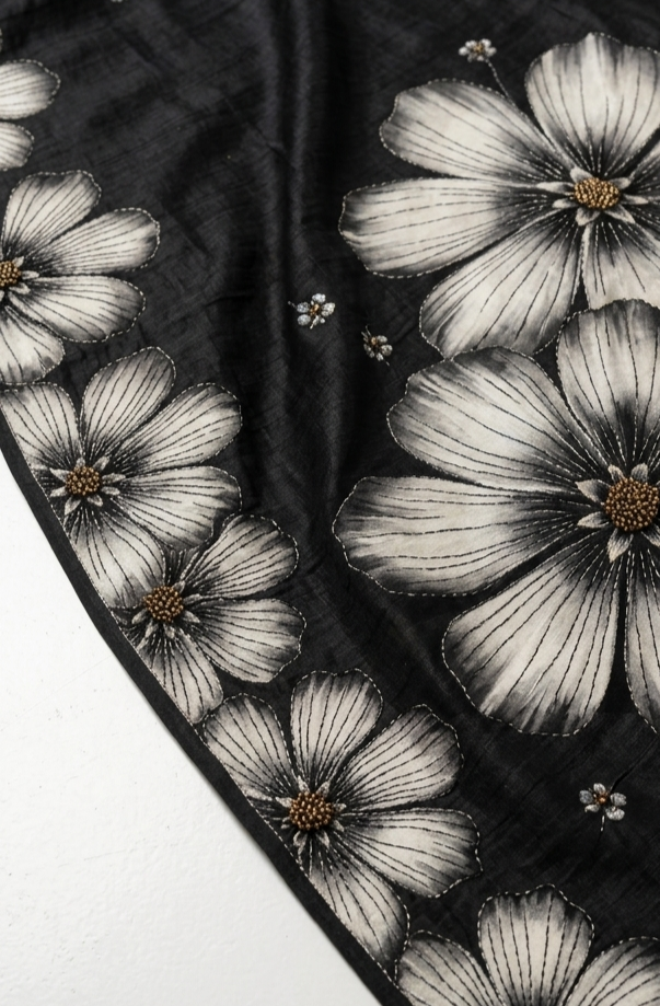 Black Hand-Painted Floral Pure Tussar Silk Saree with Kantha Stitch (Copy)