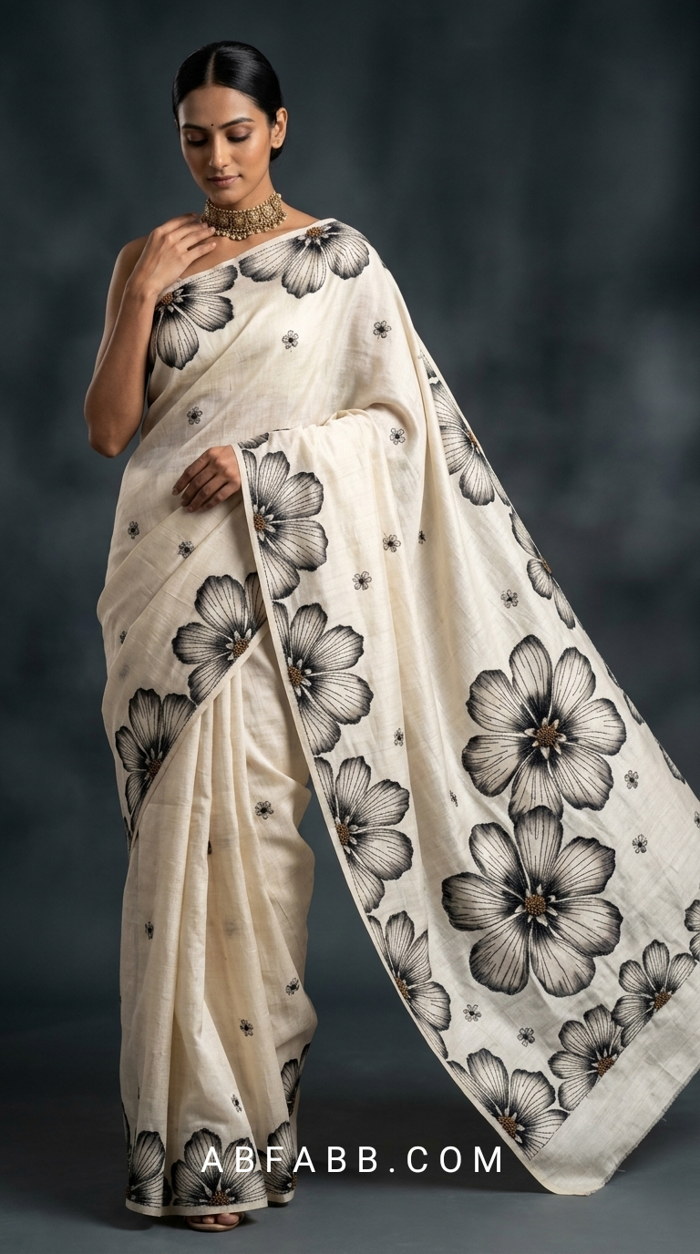 Ivory White Hand-Painted Floral Pure Tussar Silk Saree with Kantha Stitch