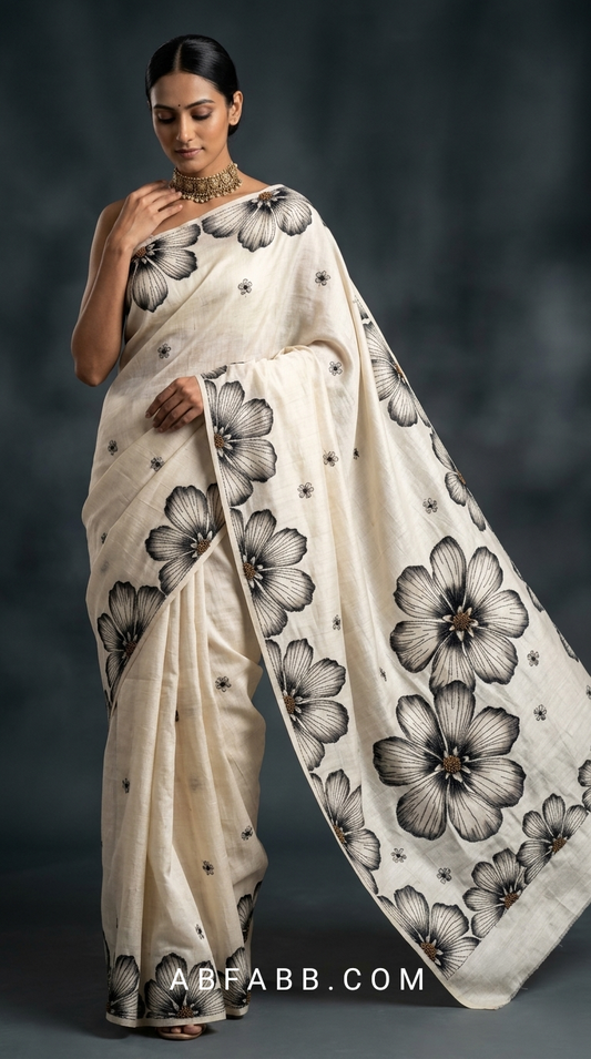 Ivory White Hand-Painted Floral Pure Tussar Silk Saree with Kantha Stitch
