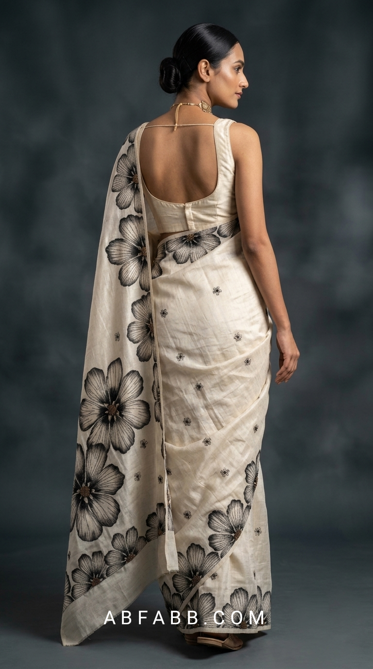 Ivory White Hand-Painted Floral Pure Tussar Silk Saree with Kantha Stitch