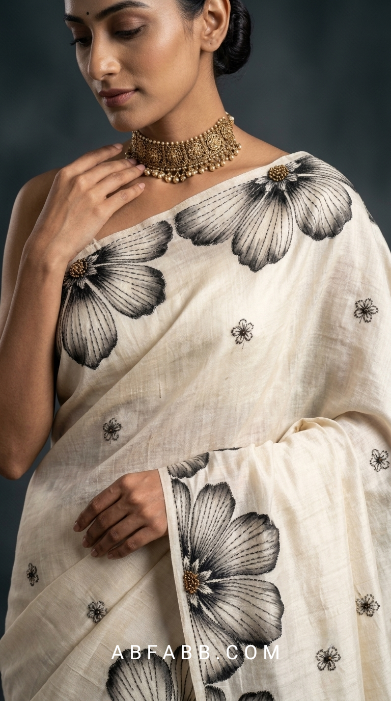 Ivory White Hand-Painted Floral Pure Tussar Silk Saree with Kantha Stitch