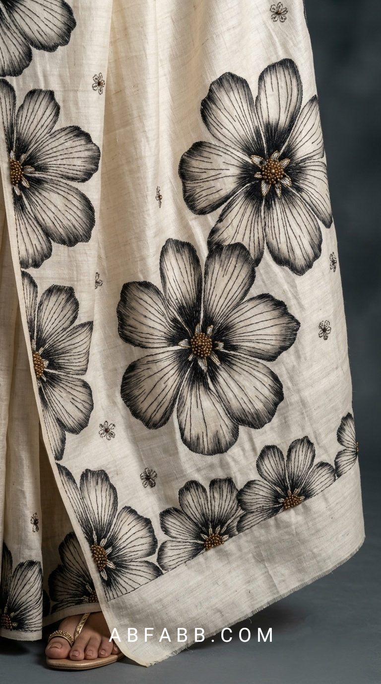 Ivory White Hand-Painted Floral Pure Tussar Silk Saree with Kantha Stitch