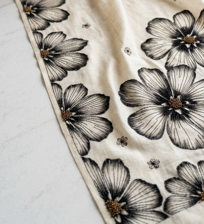 Ivory White Hand-Painted Floral Pure Tussar Silk Saree with Kantha Stitch