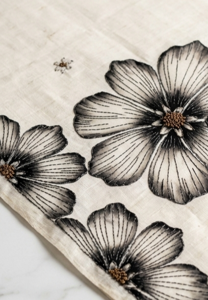 Ivory White Hand-Painted Floral Pure Tussar Silk Saree with Kantha Stitch