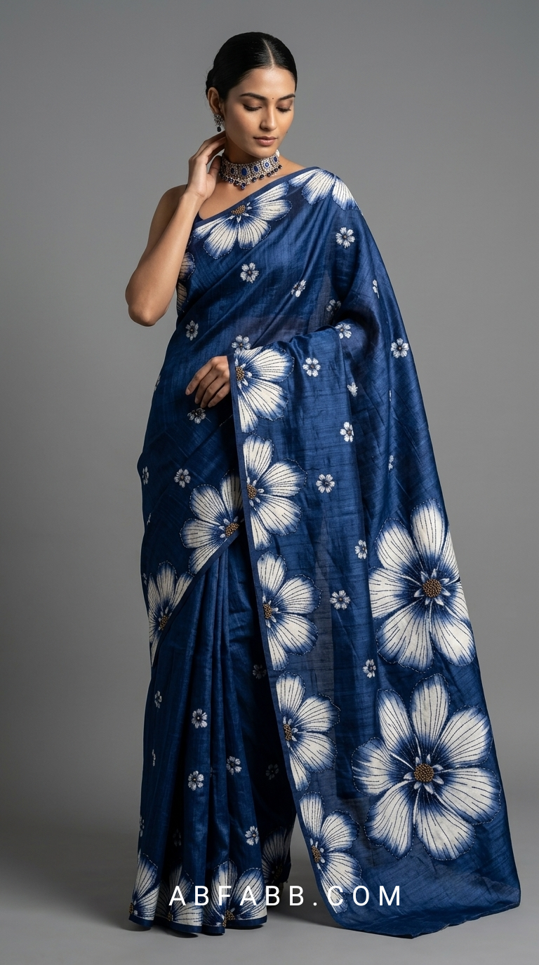 Indigo Blue Hand-Painted Floral Pure Tussar Silk Saree with Kantha Stitch