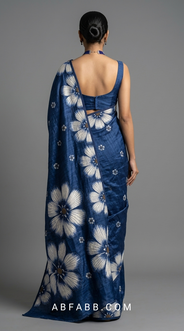 Indigo Blue Hand-Painted Floral Pure Tussar Silk Saree with Kantha Stitch