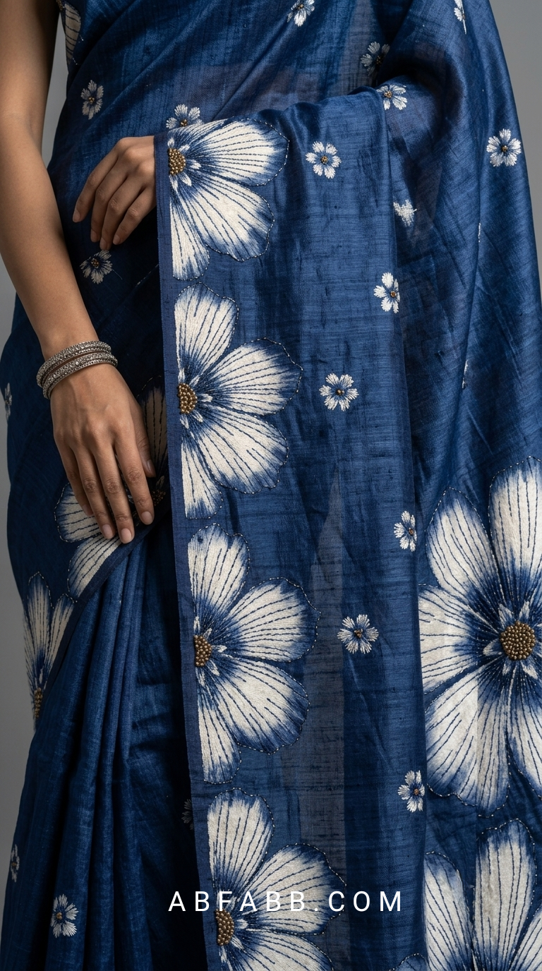 Indigo Blue Hand-Painted Floral Pure Tussar Silk Saree with Kantha Stitch