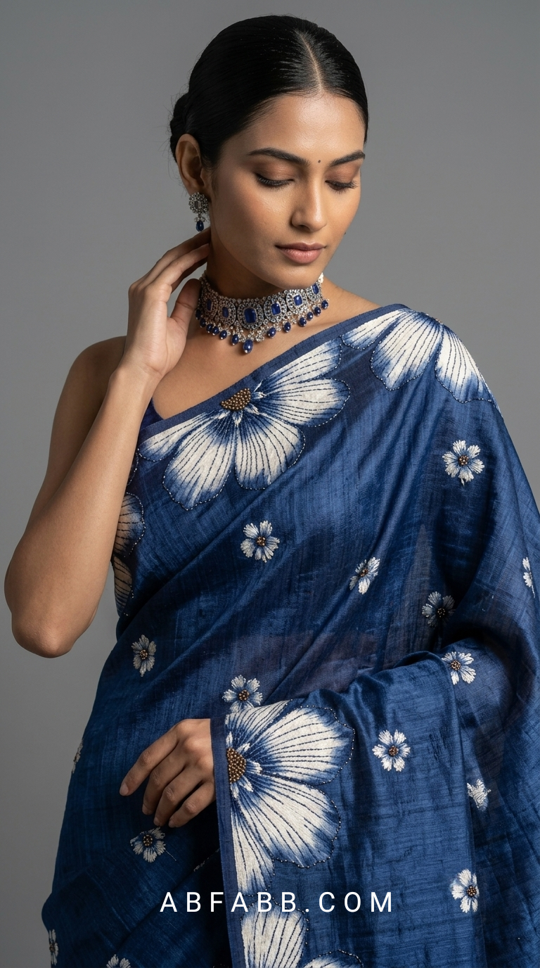 Indigo Blue Hand-Painted Floral Pure Tussar Silk Saree with Kantha Stitch