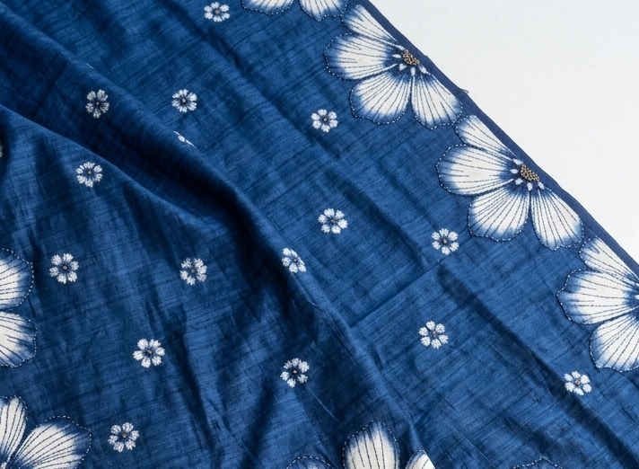 Indigo Blue Hand-Painted Floral Pure Tussar Silk Saree with Kantha Stitch