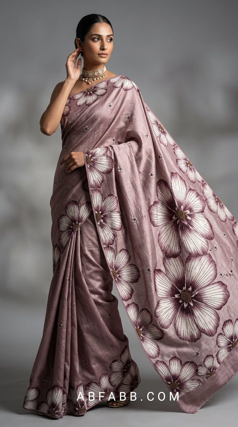 Vintage Mauve Hand-Painted Floral Pure Tussar Silk Saree with Kantha Stitch