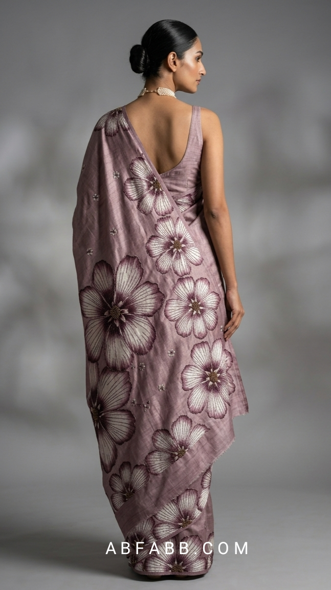 Vintage Mauve Hand-Painted Floral Pure Tussar Silk Saree with Kantha Stitch