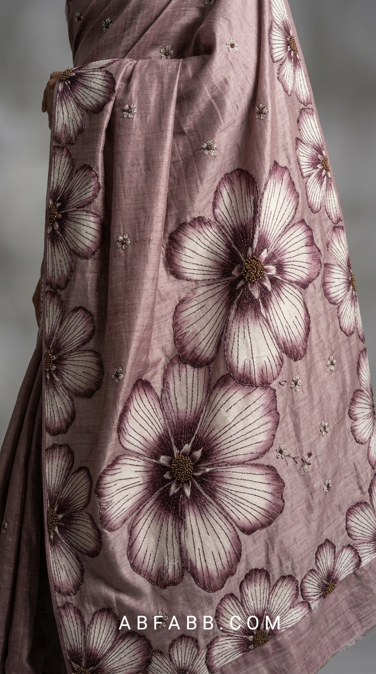 Vintage Mauve Hand-Painted Floral Pure Tussar Silk Saree with Kantha Stitch