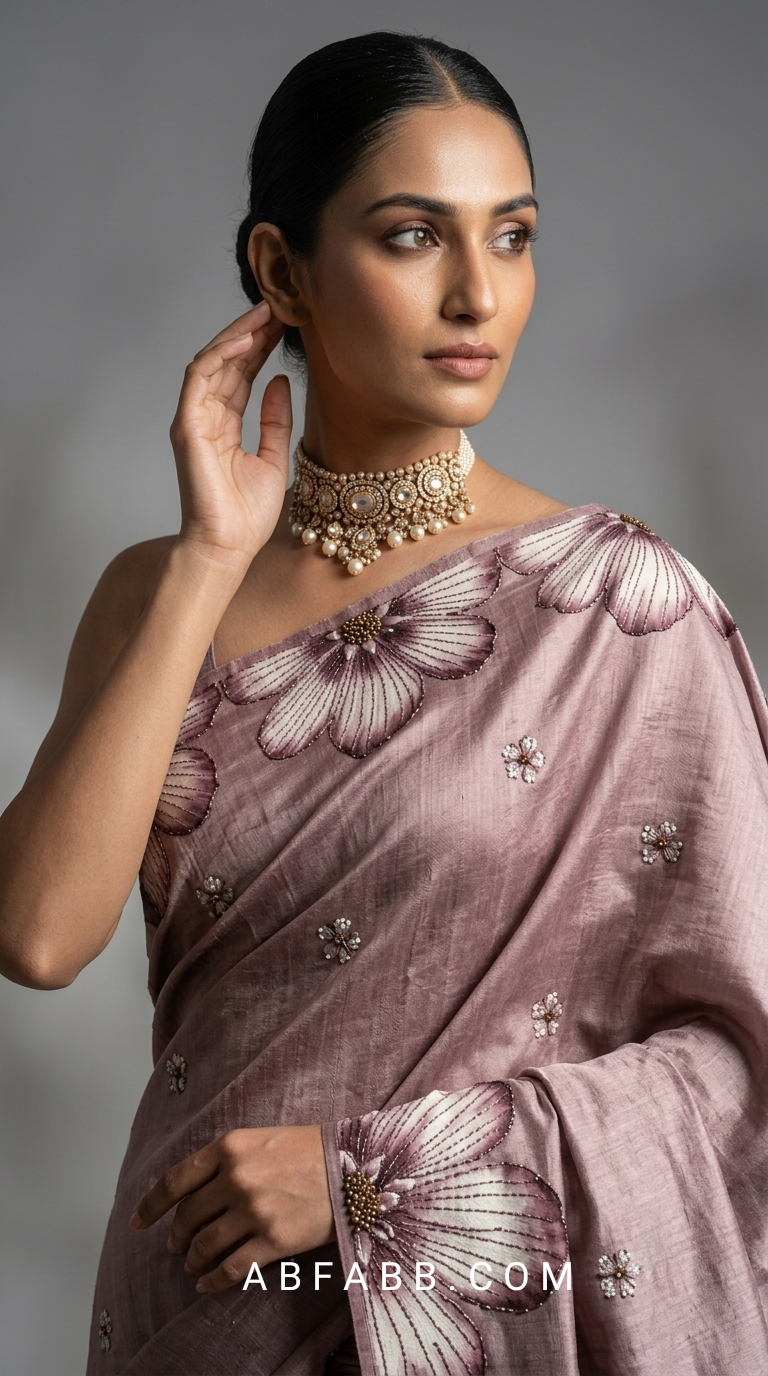 Vintage Mauve Hand-Painted Floral Pure Tussar Silk Saree with Kantha Stitch