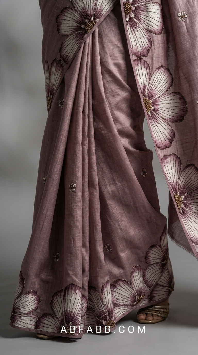 Vintage Mauve Hand-Painted Floral Pure Tussar Silk Saree with Kantha Stitch