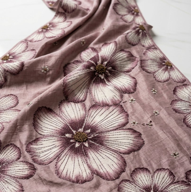 Vintage Mauve Hand-Painted Floral Pure Tussar Silk Saree with Kantha Stitch