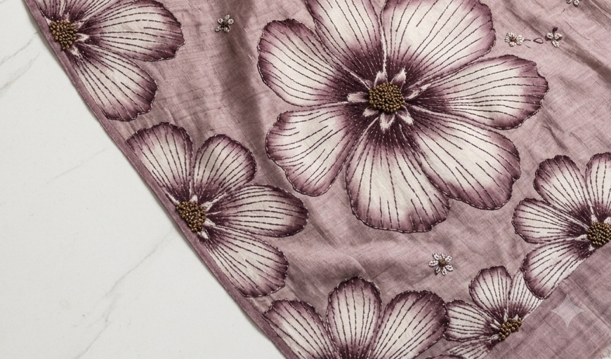 Vintage Mauve Hand-Painted Floral Pure Tussar Silk Saree with Kantha Stitch