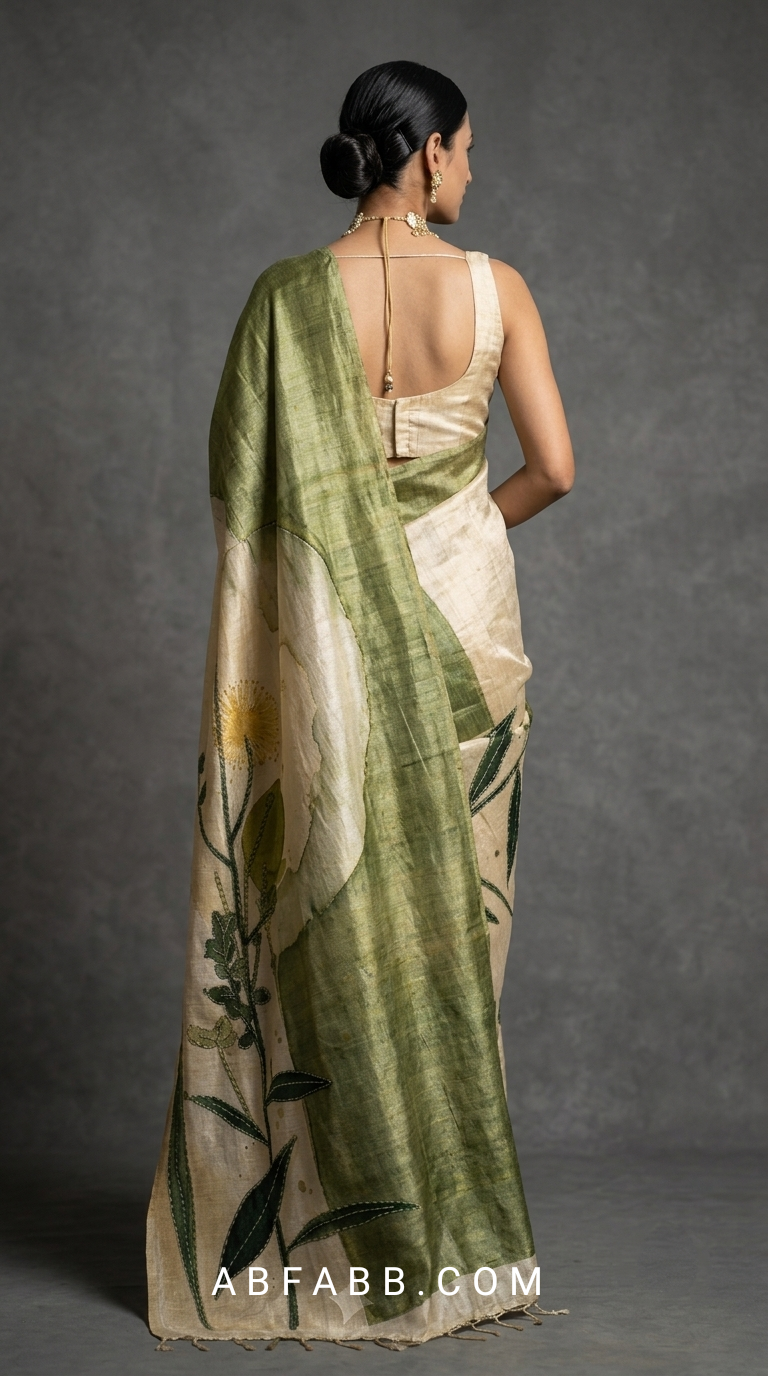 Olive Green & Ivory Hand-Painted Pure Tussar Silk Saree with Botanical Art & Hand Kantha Stitch