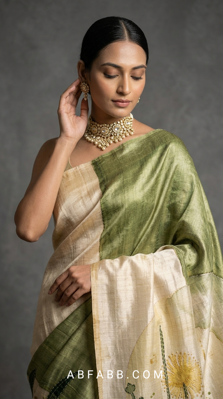 Olive Green & Ivory Hand-Painted Pure Tussar Silk Saree with Botanical Art & Hand Kantha Stitch
