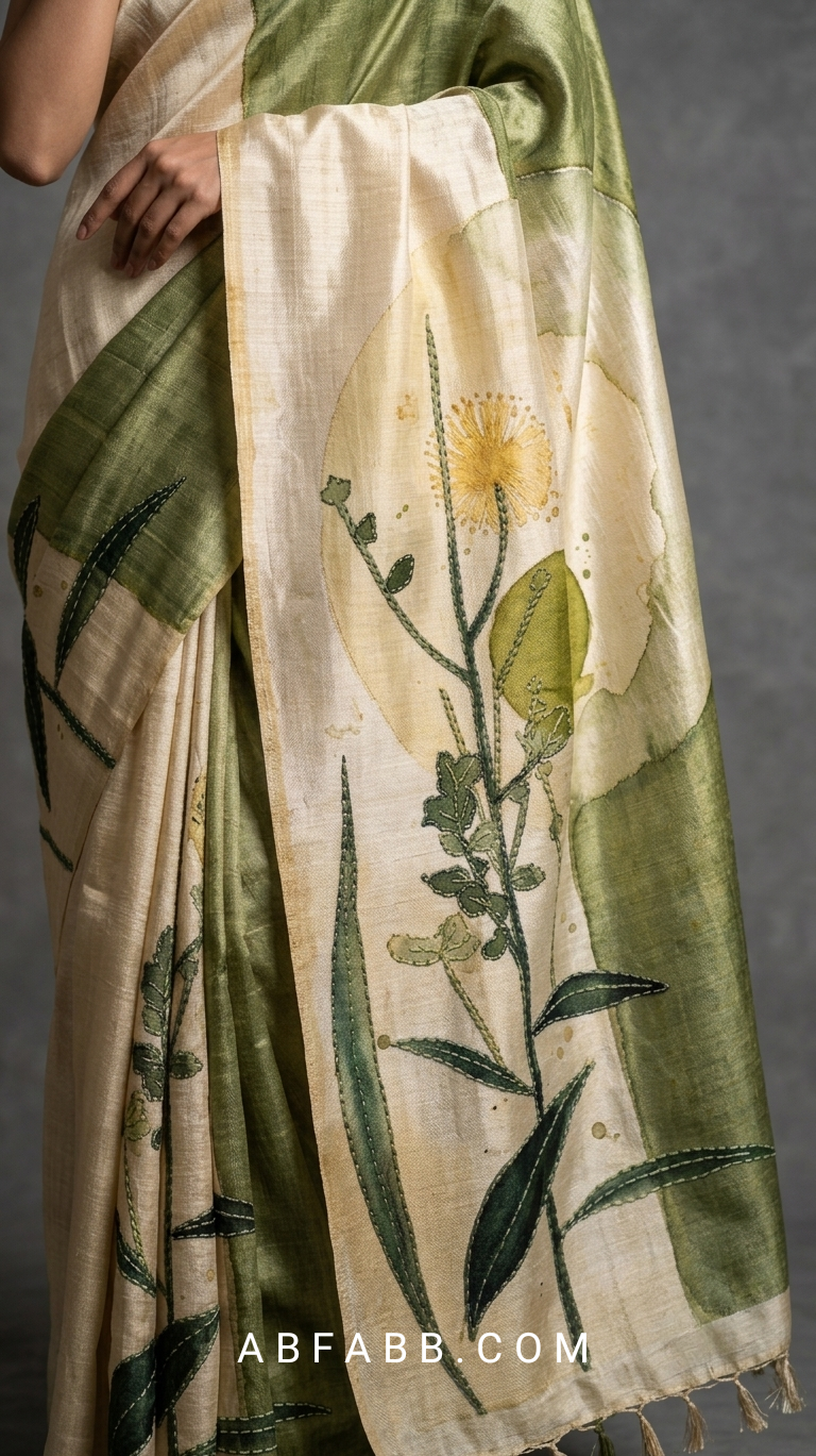 Olive Green & Ivory Hand-Painted Pure Tussar Silk Saree with Botanical Art & Hand Kantha Stitch