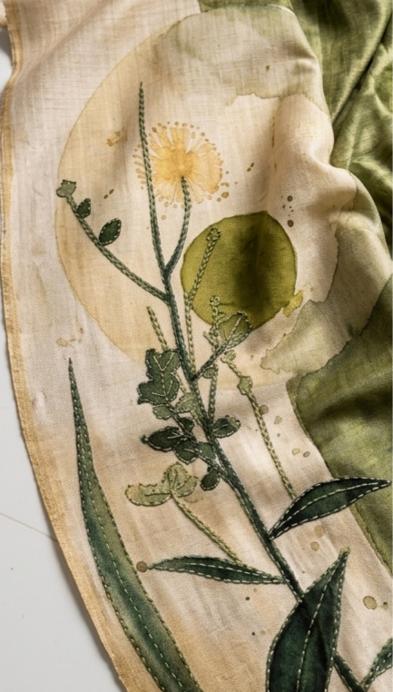 Olive Green & Ivory Hand-Painted Pure Tussar Silk Saree with Botanical Art & Hand Kantha Stitch