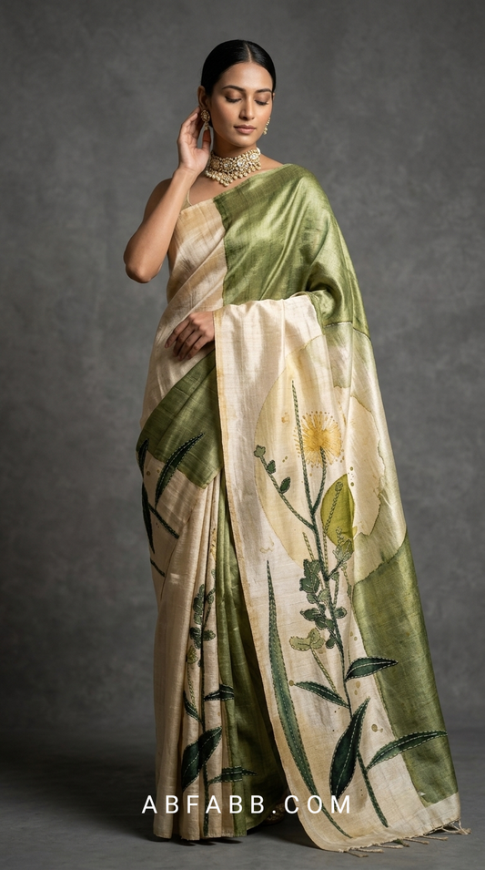 Olive Green & Ivory Hand-Painted Pure Tussar Silk Saree with Botanical Art & Hand Kantha Stitch