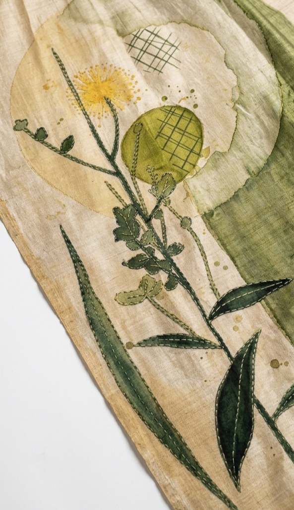 Olive Green & Ivory Hand-Painted Pure Tussar Silk Saree with Botanical Art & Hand Kantha Stitch