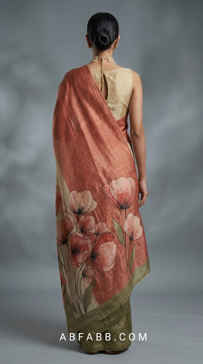 Coral & Olive Green Hand-Painted Pure Tussar Silk Saree with Hand Kantha Stitch