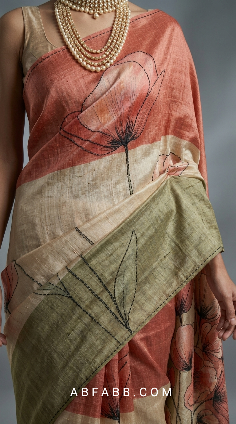 Coral & Olive Green Hand-Painted Pure Tussar Silk Saree with Hand Kantha Stitch
