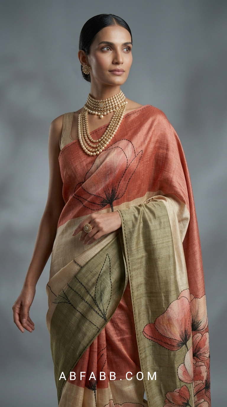 Coral & Olive Green Hand-Painted Pure Tussar Silk Saree with Hand Kantha Stitch