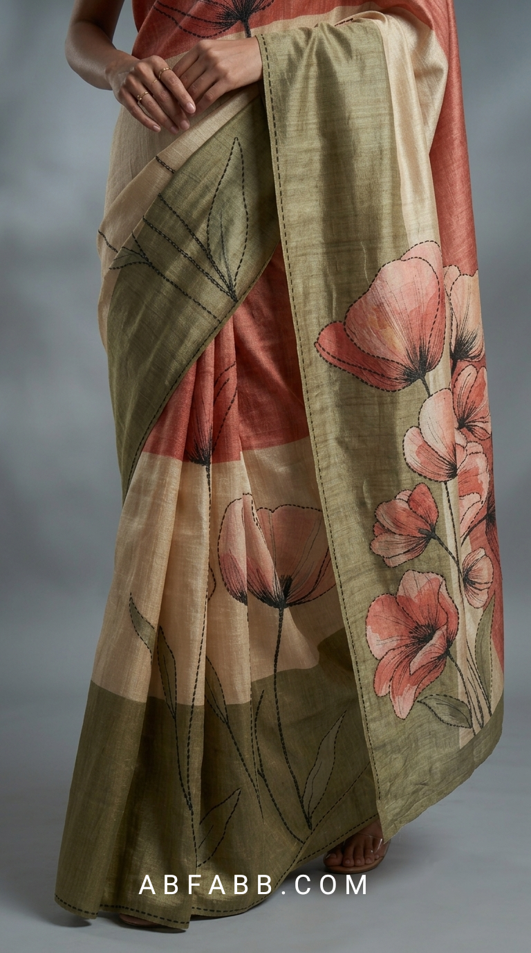 Coral & Olive Green Hand-Painted Pure Tussar Silk Saree with Hand Kantha Stitch