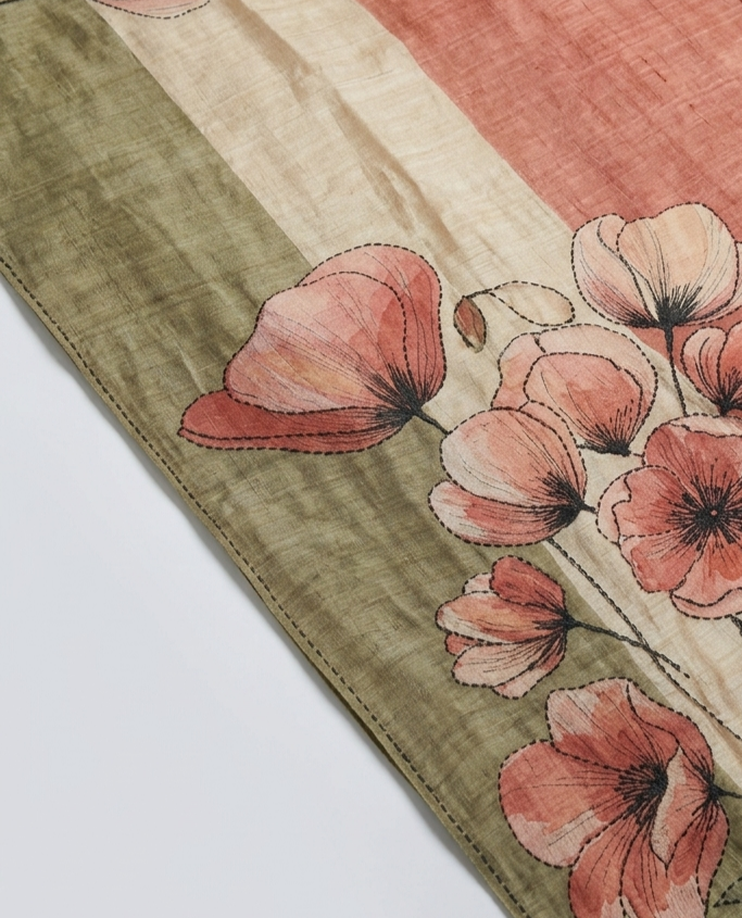 Coral & Olive Green Hand-Painted Pure Tussar Silk Saree with Hand Kantha Stitch