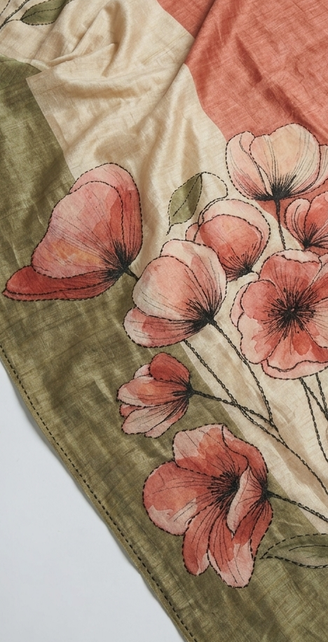 Coral & Olive Green Hand-Painted Pure Tussar Silk Saree with Hand Kantha Stitch