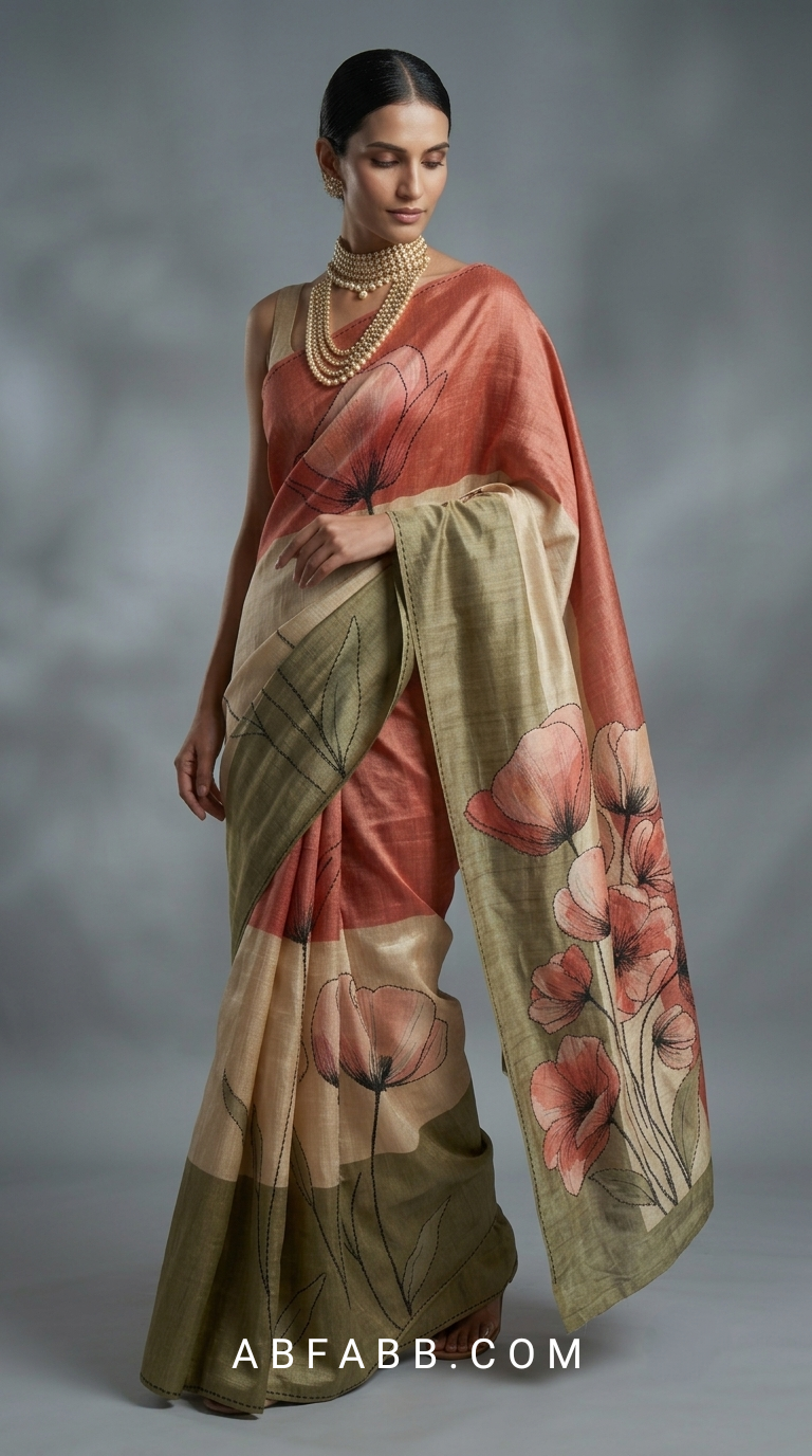 Coral & Olive Green Hand-Painted Pure Tussar Silk Saree with Hand Kantha Stitch