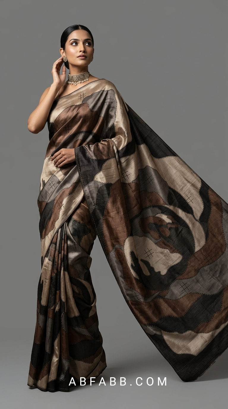 Pure Tussar Silk Saree with Abstract Hand-Painted Art & Hand Kantha Stitch