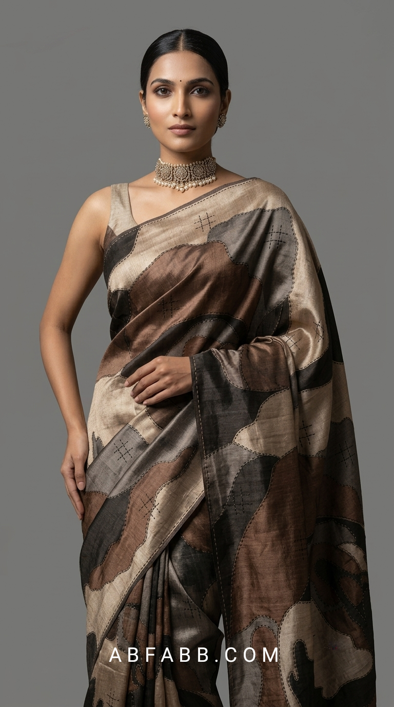 Pure Tussar Silk Saree with Abstract Hand-Painted Art & Hand Kantha Stitch