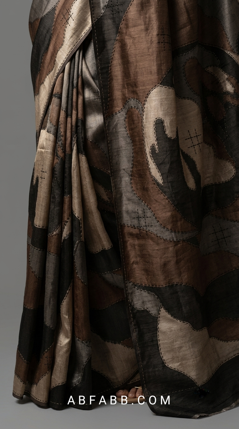 Pure Tussar Silk Saree with Abstract Hand-Painted Art & Hand Kantha Stitch