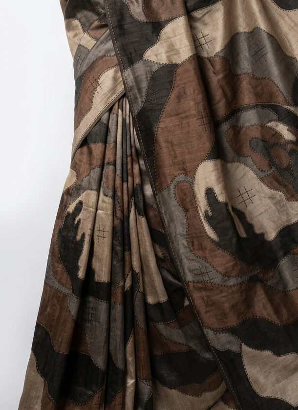Pure Tussar Silk Saree with Abstract Hand-Painted Art & Hand Kantha Stitch