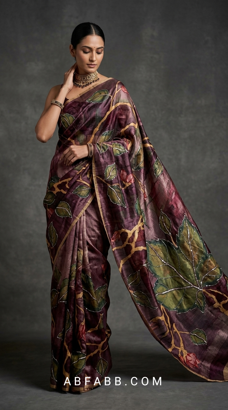 Deep Wine Pure Tussar Silk Saree with Hand-Painted Leaf Art & Hand Kantha Stitch