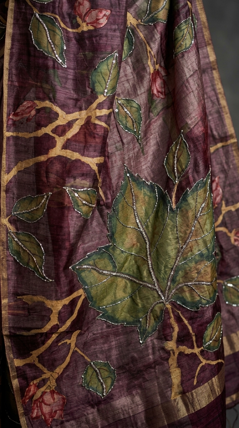 Deep Wine Pure Tussar Silk Saree with Hand-Painted Leaf Art & Hand Kantha Stitch